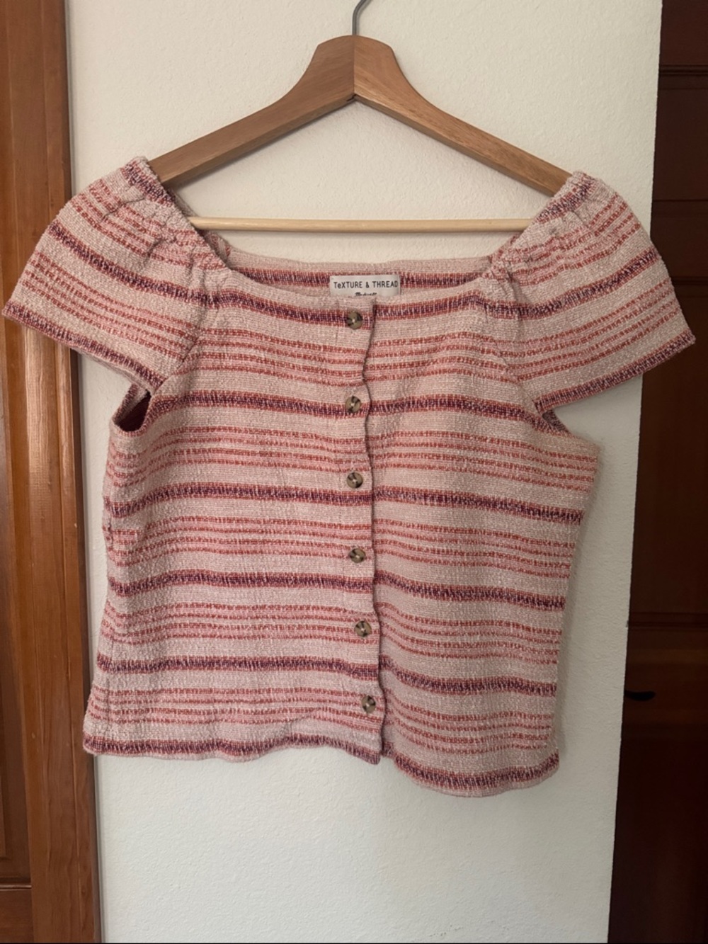 Madewell Pink and Cream Striped Button-Front Off-Shoulder Top